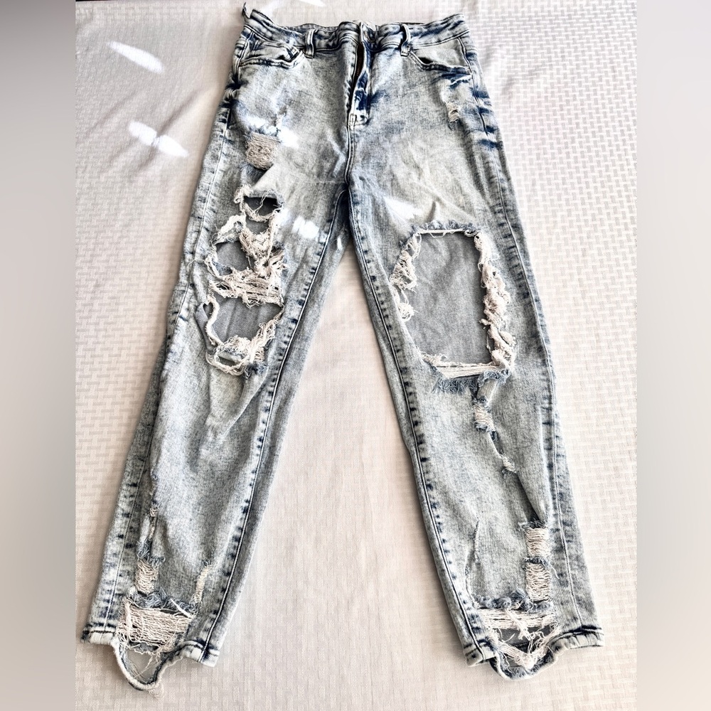 Risen Jeans RDP5022 Acid Wash Distressed High Rise Jeans Light Blue Size 15/32